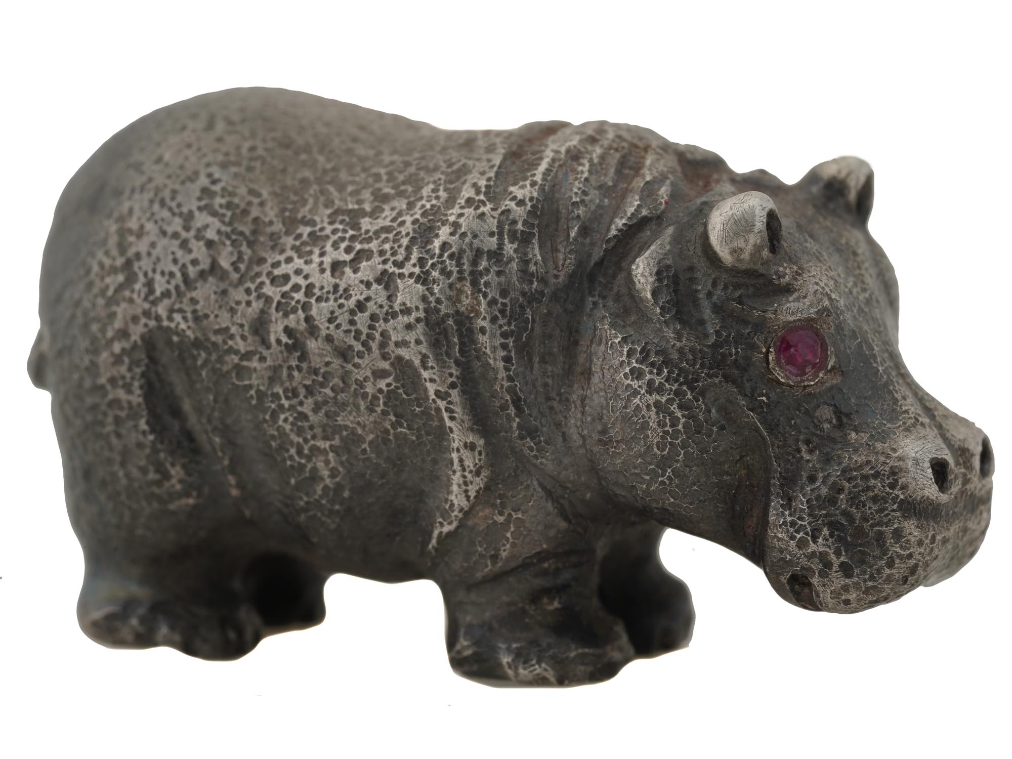 RUSSIAN SILVER HIPPO FIGURINE WITH RUBY EYES PIC-3